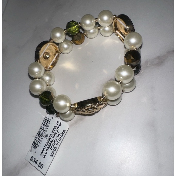 CHARTER CLUB Faux Pearl & Hazel Bead Goldtone Stretch Bracelet - Picture 3 of 3